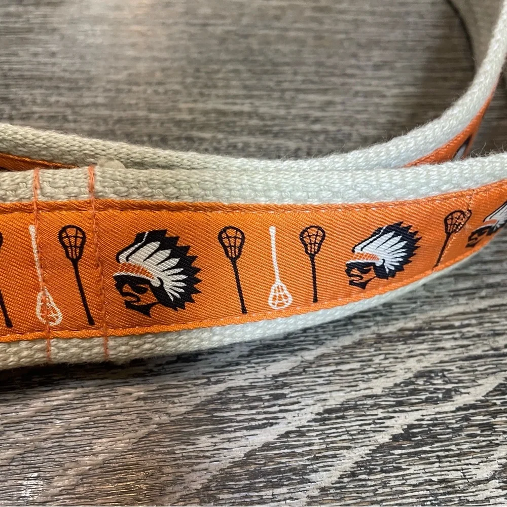 Vineyard Vines canvas club belt. Lacrosse sticks Native American. Used. 48” long